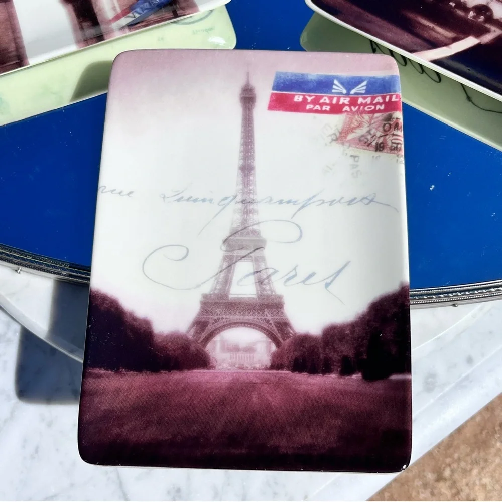 Restoration Hardware Vintage Parisian-themed Postcard Plates Trinket Trays Set 3